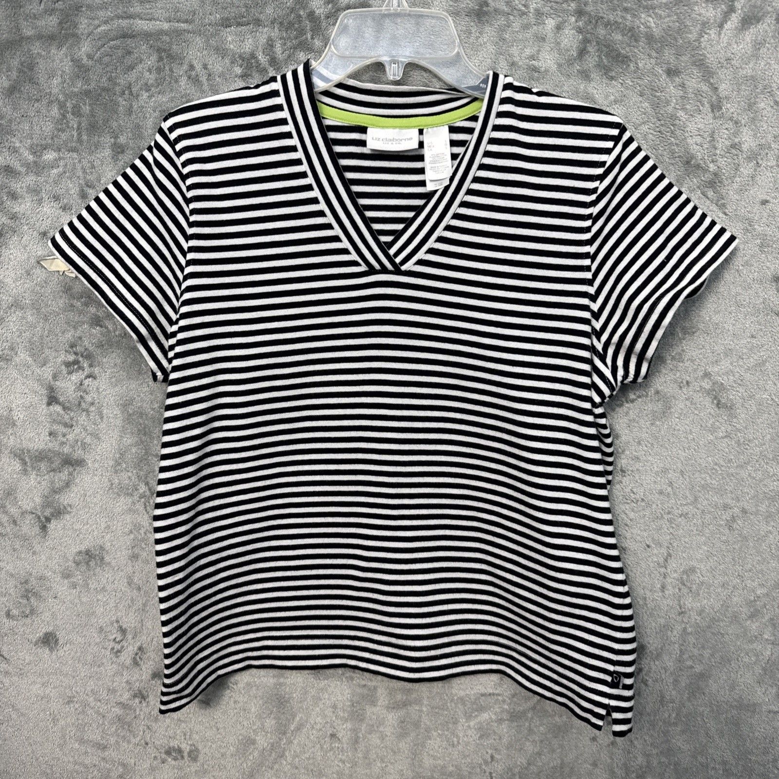 Liz Claiborne Top Large Black White Stripe Stretch Vneck Pullover Cotton Blend